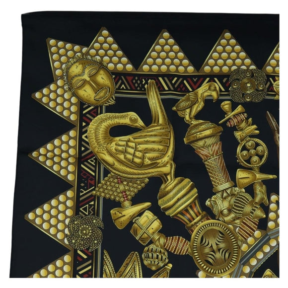 HERMES Carre 90 Scarf ”L'OR DES CHEFS” Silk Black Auth 195923M