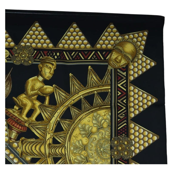 HERMES Carre 90 Scarf ”L'OR DES CHEFS” Silk Black Auth 195923M