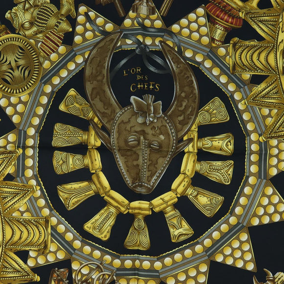 HERMES Carre 90 Scarf ”L'OR DES CHEFS” Silk Black Auth 195923M
