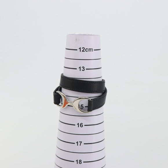 HERMES Papan Bracelet Leather Black Silver Auth 195944M