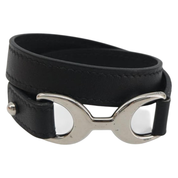 HERMES Papan Bracelet Leather Black Silver Auth 195944M