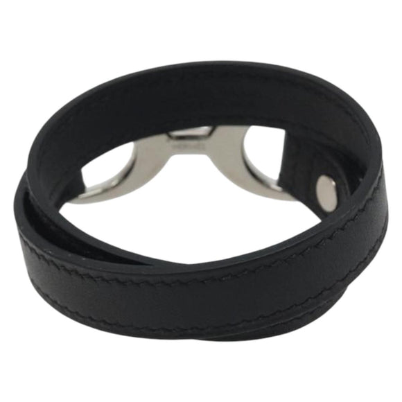 HERMES Papan Bracelet Leather Black Silver Auth 195944M