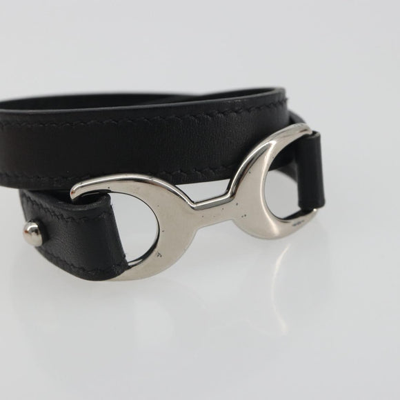 HERMES Papan Bracelet Leather Black Silver Auth 195944M