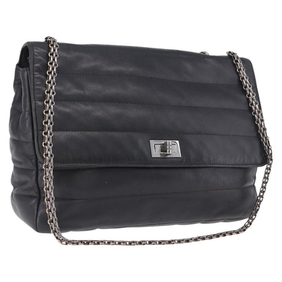 CHANEL Chain Matelasse 2.55 Shoulder Bag Lamb Skin Black Silver CC Auth 195955A