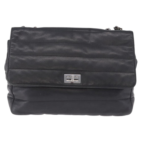 CHANEL Chain Matelasse 2.55 Shoulder Bag Lamb Skin Black Silver CC Auth 195955A