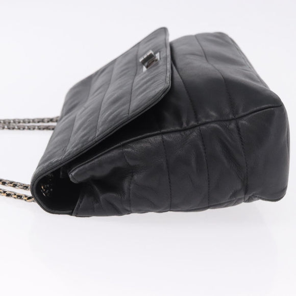 CHANEL Chain Matelasse 2.55 Shoulder Bag Lamb Skin Black Silver CC Auth 195955A