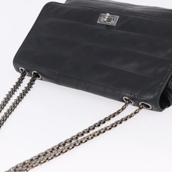 CHANEL Chain Matelasse 2.55 Shoulder Bag Lamb Skin Black Silver CC Auth 195955A