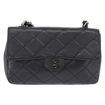 CHANEL Matelasse Chain Shoulder Bag Lamb Skin Black Silver CC Auth 195960A - 0