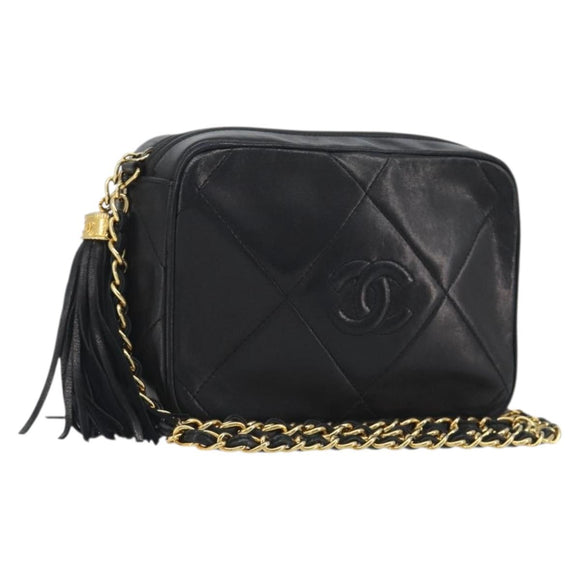 CHANEL Matelasse Chain Shoulder Bag Lamb Skin Gold Black CC Auth 195961V