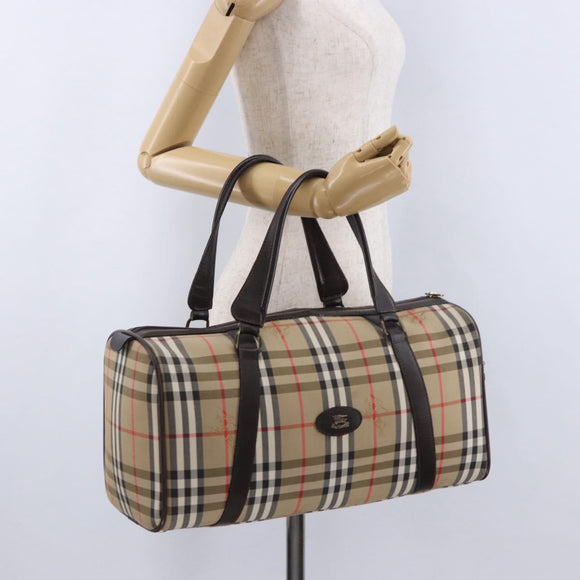 Burberrys Nova Check Boston Bag Canvas Beige Gold Auth 195967A