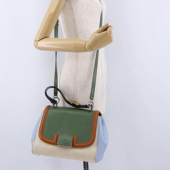 FENDI Hand Bag Canvas 2way Beige Silver Auth 195971A