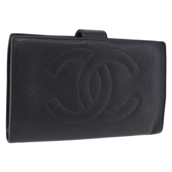 CHANEL Long Wallet Caviar Skin Black Gold CC Auth 195978