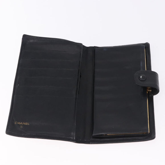 CHANEL Long Wallet Caviar Skin Black Gold CC Auth 195978