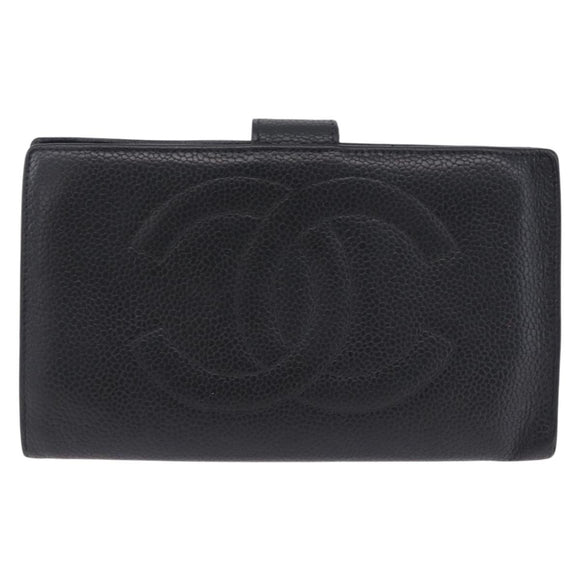 CHANEL Long Wallet Caviar Skin Black Gold CC Auth 195978