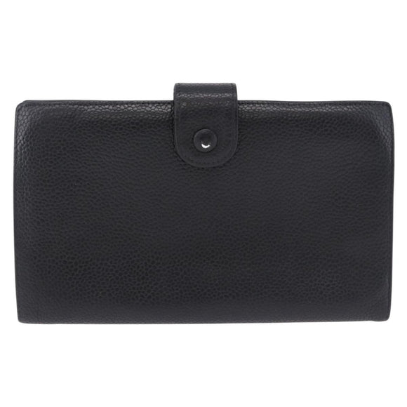 CHANEL Long Wallet Caviar Skin Black Gold CC Auth 195978