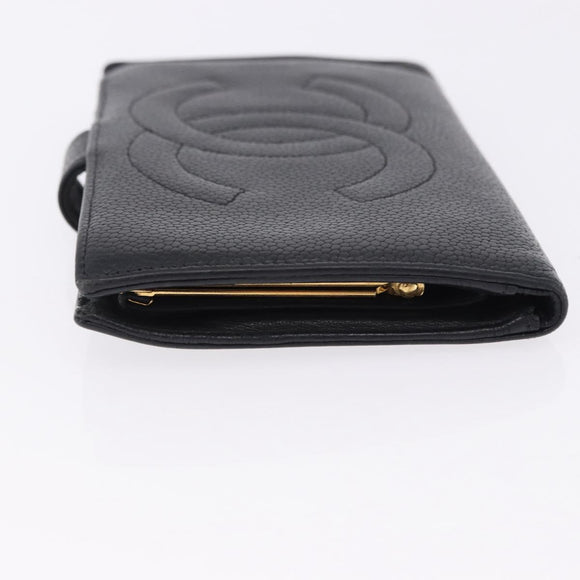 CHANEL Long Wallet Caviar Skin Black Gold CC Auth 195978