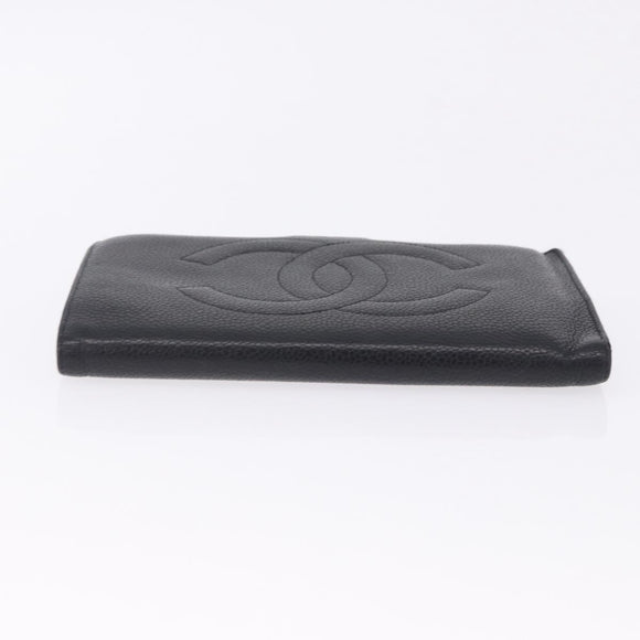 CHANEL Long Wallet Caviar Skin Black Gold CC Auth 195978
