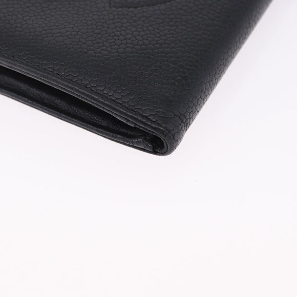 CHANEL Long Wallet Caviar Skin Black Gold CC Auth 195978