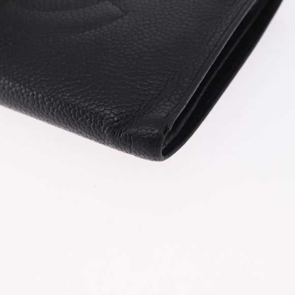 CHANEL Long Wallet Caviar Skin Black Gold CC Auth 195978