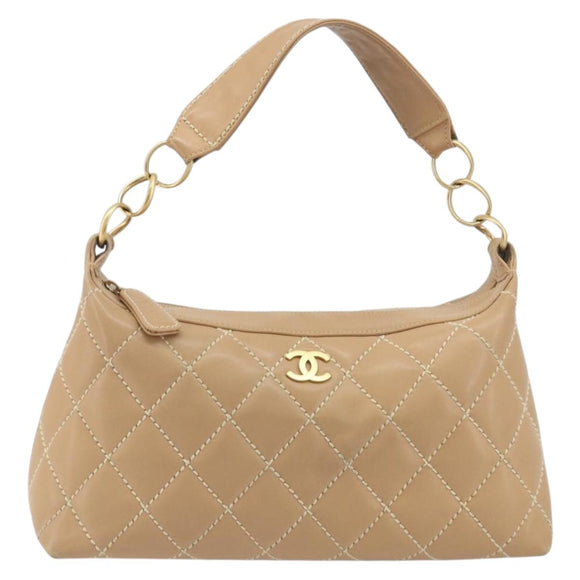 CHANEL Wild Stitch Shoulder Bag Leather Beige Gold CC Auth 195981A