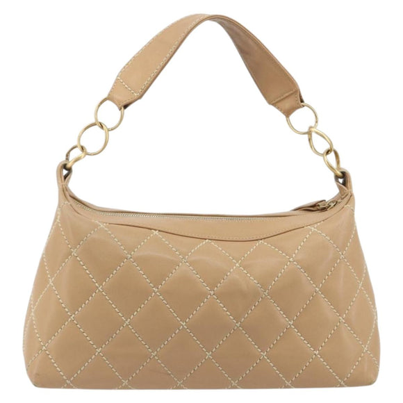 CHANEL Wild Stitch Shoulder Bag Leather Beige Gold CC Auth 195981A