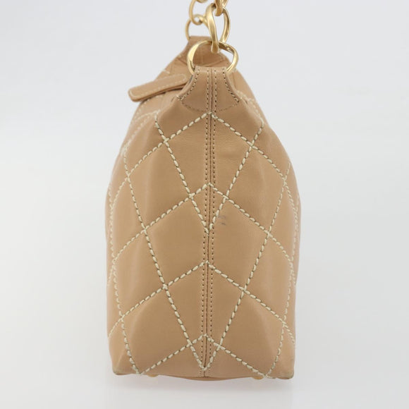 CHANEL Wild Stitch Shoulder Bag Leather Beige Gold CC Auth 195981A