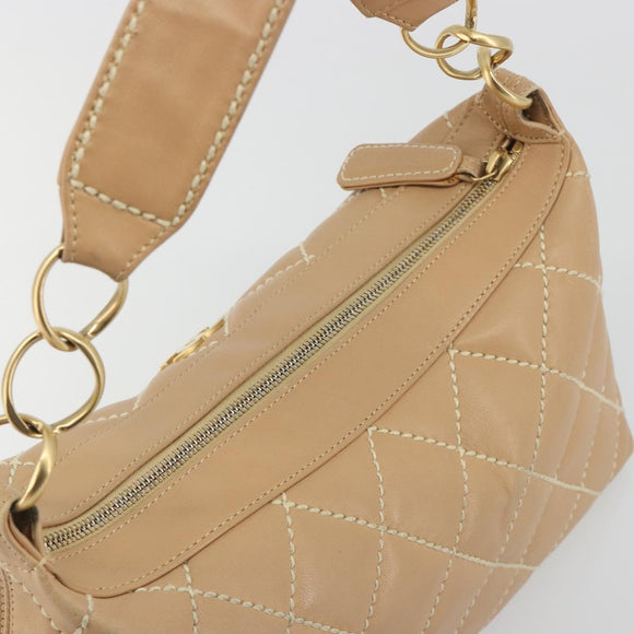 CHANEL Wild Stitch Shoulder Bag Leather Beige Gold CC Auth 195981A