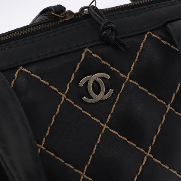 CHANEL Wild Stitch Hand Bag Leather Black CC Auth 195982V