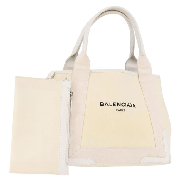 BALENCIAGA Navy Cabas Hand Bag Canvas Ivory Silver 339933 Auth 195989A