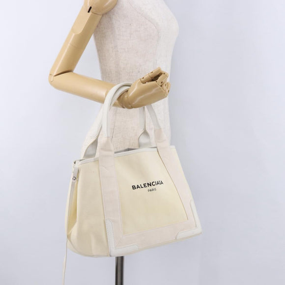 BALENCIAGA Navy Cabas Hand Bag Canvas Ivory Silver 339933 Auth 195989A