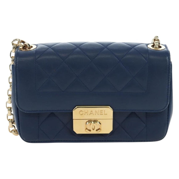 CHANEL Matelasse Chain Shoulder Bag Lamb Skin Blue Gold CC Auth 196001M