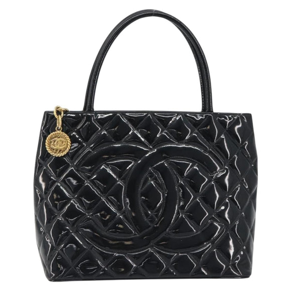 CHANEL Matelasse Reprint Tote Bag Patent leather Black Gold CC Auth 196006V