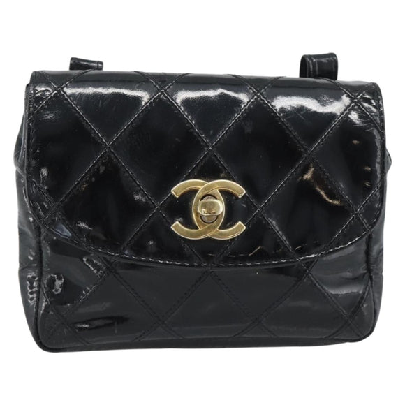 CHANEL Bicolore Waist bag Patent leather Black Gold CC Auth 196023
