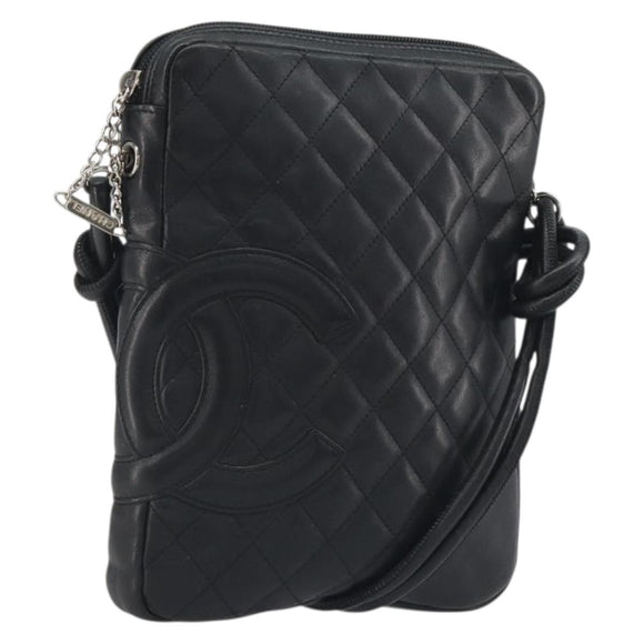 CHANEL Cambon Line Matelasse Shoulder Bag Leather Black Silver CC Auth 196024A