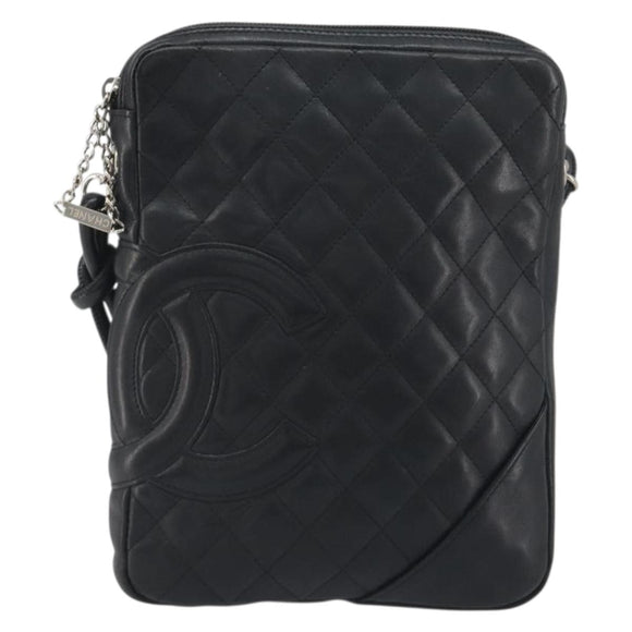 CHANEL Cambon Line Matelasse Shoulder Bag Leather Black Silver CC Auth 196024A