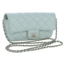 CHANEL Matelasse Chain Glasses Case Caviar Skin Light Blue CC Auth 196041M-1