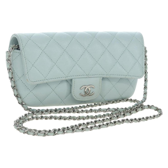 CHANEL Matelasse Chain Glasses Case Caviar Skin Light Blue CC Auth 196041M