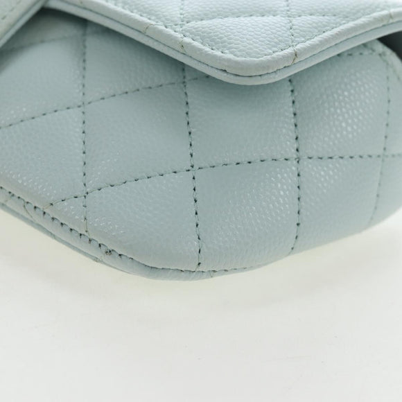 CHANEL Matelasse Chain Glasses Case Caviar Skin Light Blue CC Auth 196041M