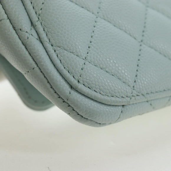 CHANEL Matelasse Chain Glasses Case Caviar Skin Light Blue CC Auth 196041M