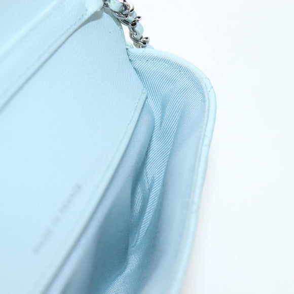 CHANEL Matelasse Chain Glasses Case Caviar Skin Light Blue CC Auth 196041M