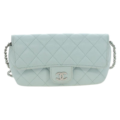 CHANEL Matelasse Chain Glasses Case Caviar Skin Light Blue CC Auth 196041M - 0