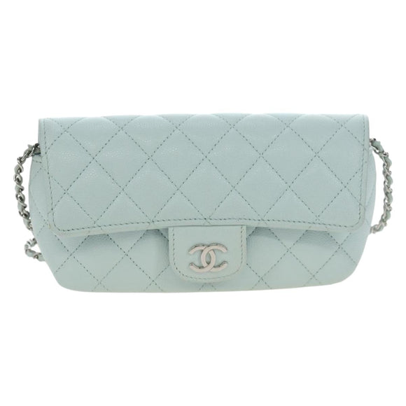 CHANEL Matelasse Chain Glasses Case Caviar Skin Light Blue CC Auth 196041M