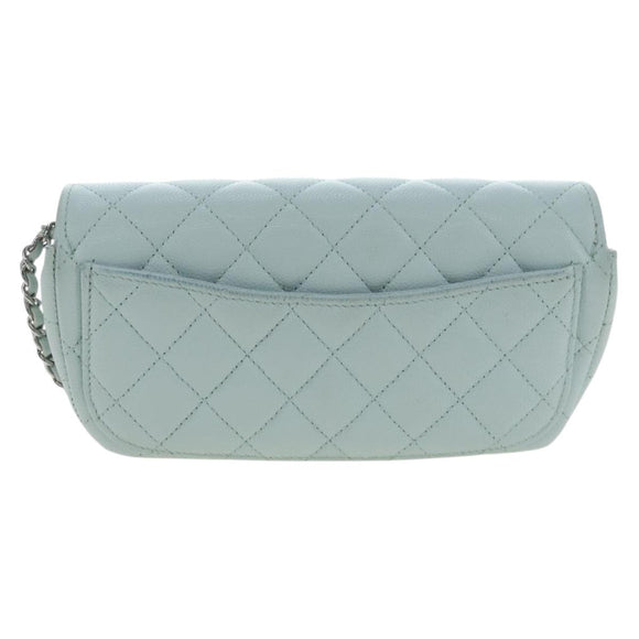 CHANEL Matelasse Chain Glasses Case Caviar Skin Light Blue CC Auth 196041M