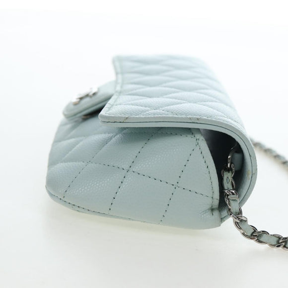 CHANEL Matelasse Chain Glasses Case Caviar Skin Light Blue CC Auth 196041M