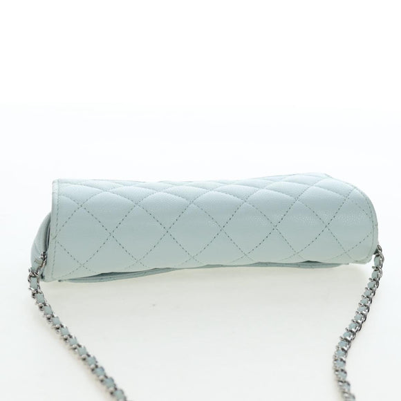 CHANEL Matelasse Chain Glasses Case Caviar Skin Light Blue CC Auth 196041M