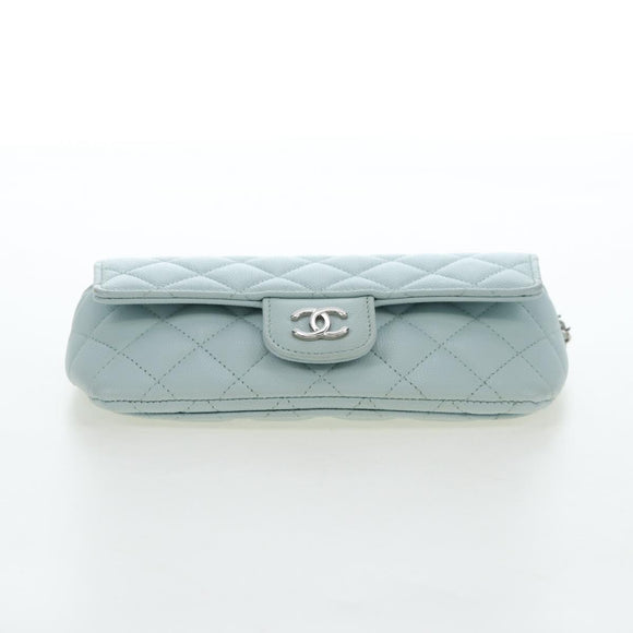 CHANEL Matelasse Chain Glasses Case Caviar Skin Light Blue CC Auth 196041M