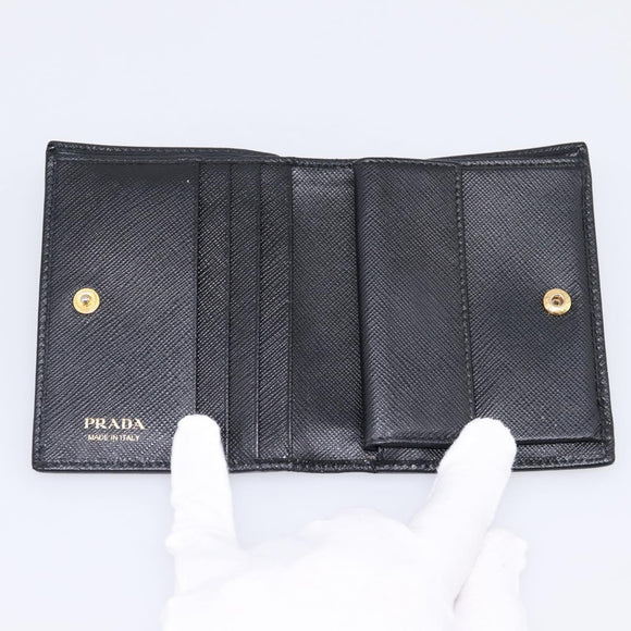 PRADA Compact Wallet Safiano Leather Black Gold Auth 196043A