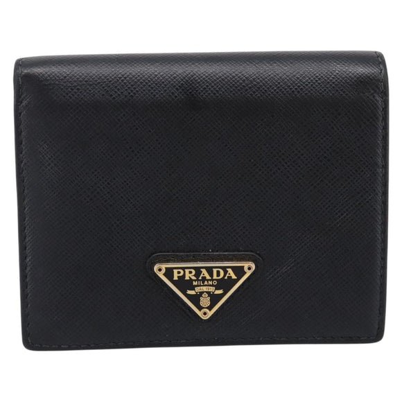 PRADA Compact Wallet Safiano Leather Black Gold Auth 196043A