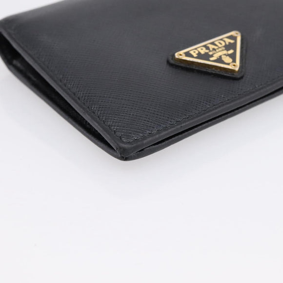 PRADA Compact Wallet Safiano Leather Black Gold Auth 196043A