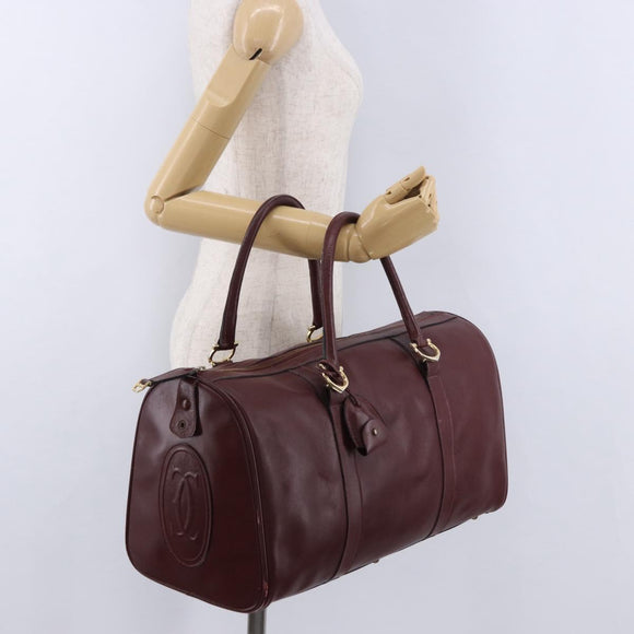 CARTIER Must Line Boston Bag Leather Bordeaux Gold Auth 196057